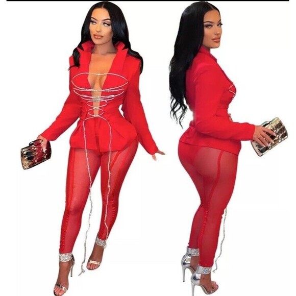 Sexy Red Two Piece Sheer Pants Set Size XL Club Party Date Stretch Leggings Top - Picture 1 of 3